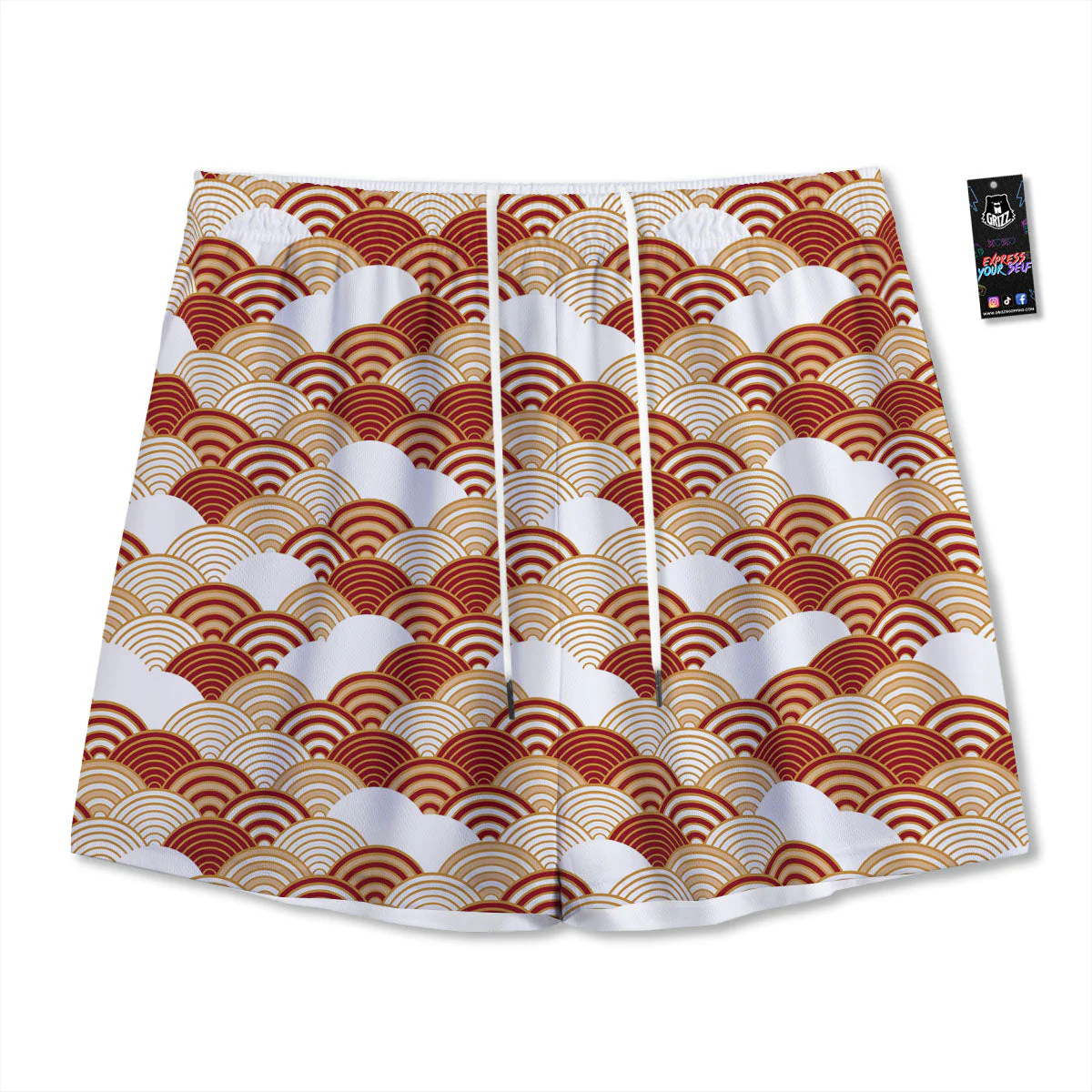 Japanese Beige And Red Print Pattern Mesh Shorts
