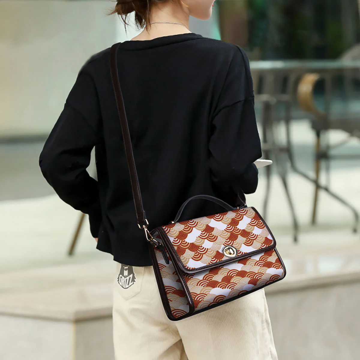 Japanese Beige And Red Print Pattern Women's Satchel Bag - Image 3