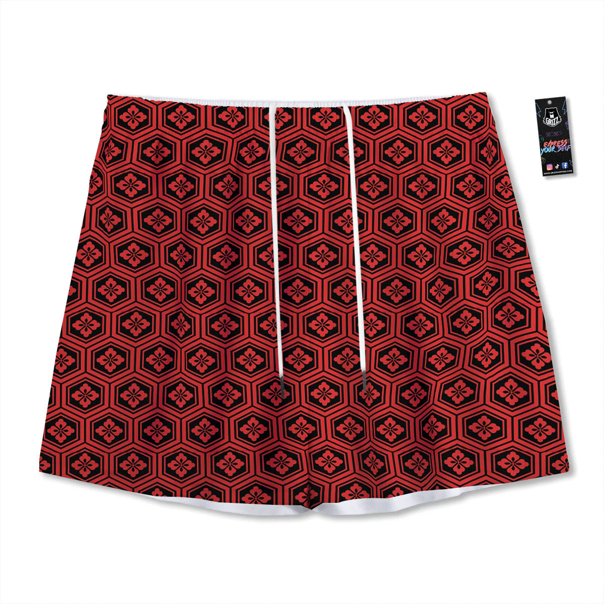 Japanese Black And Red Print Pattern Mesh Shorts