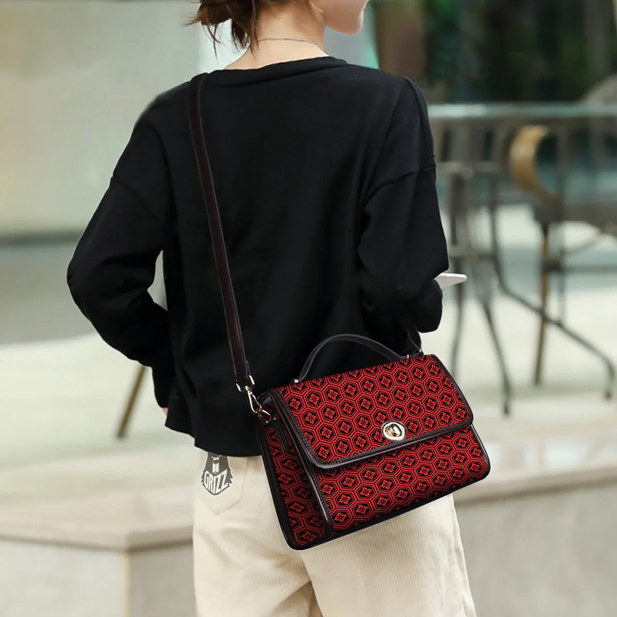 Japanese Black And Red Print Pattern Women's Satchel Bag - Image 3