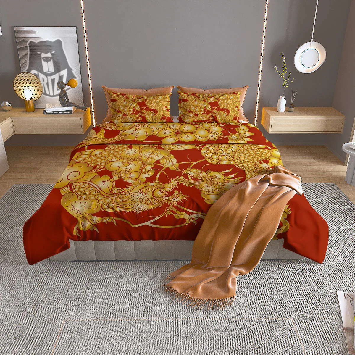 Japanese Dragon Orange Print Duvet Cover Bedding Set