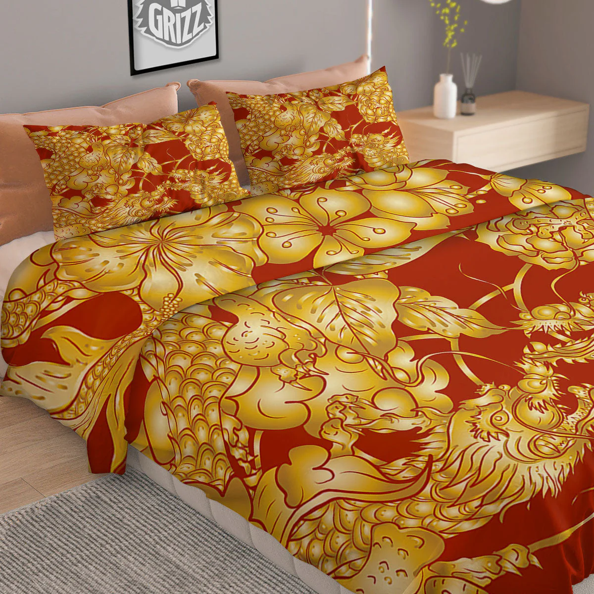 Japanese Dragon Orange Print Duvet Cover Bedding Set - Image 2