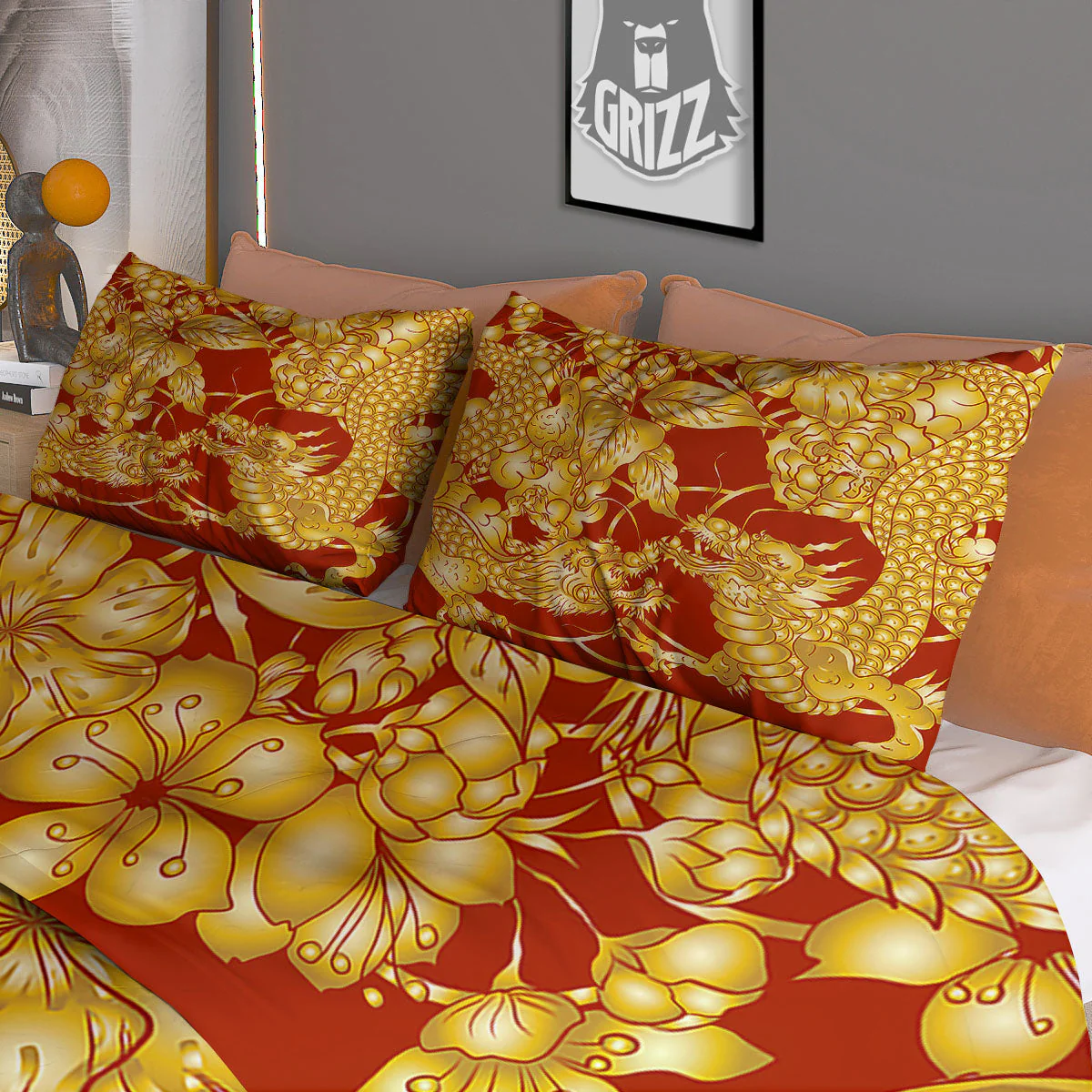 Japanese Dragon Orange Print Duvet Cover Bedding Set - Image 3