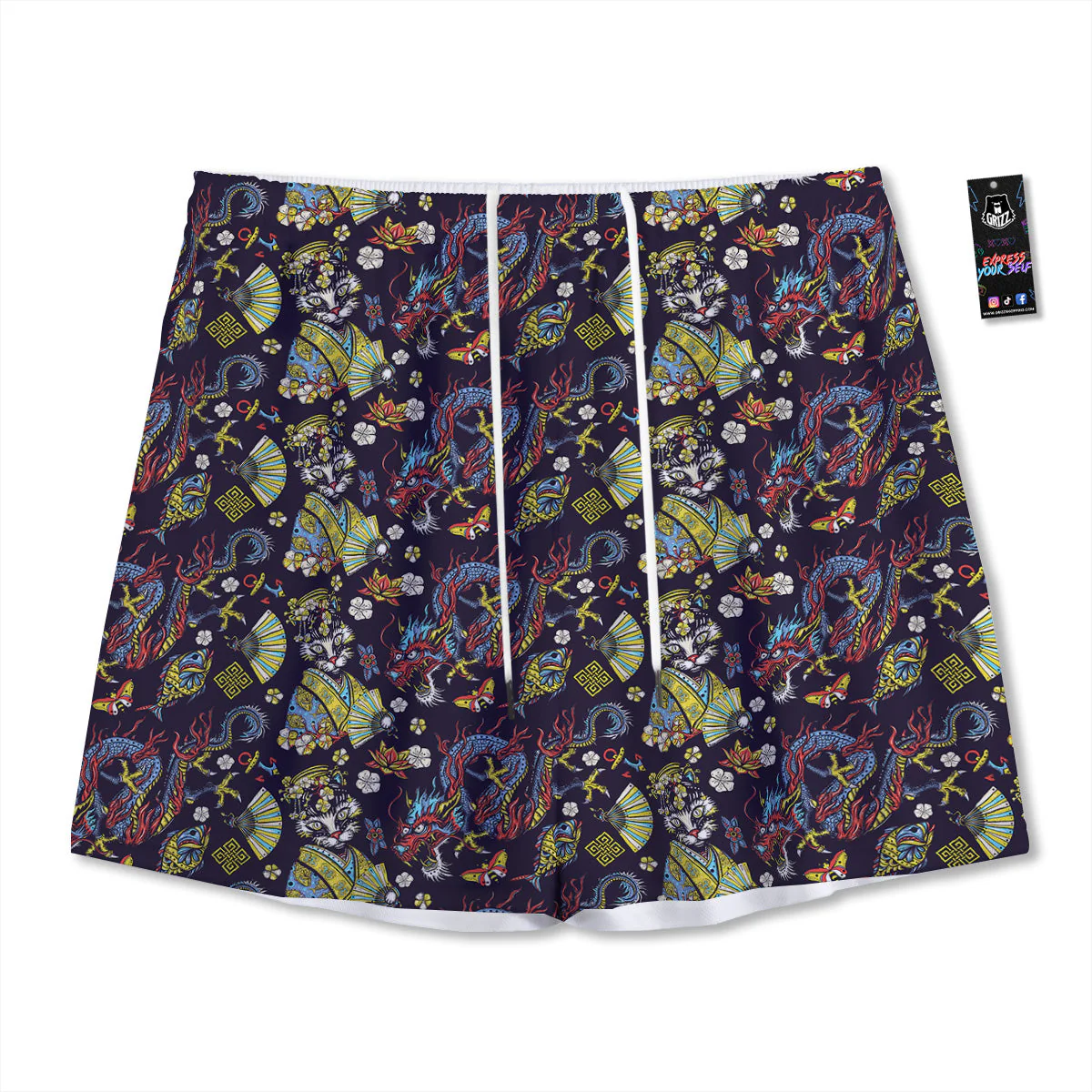 Japanese Dragons And Cat Tattoo Print Pattern Mesh Shorts