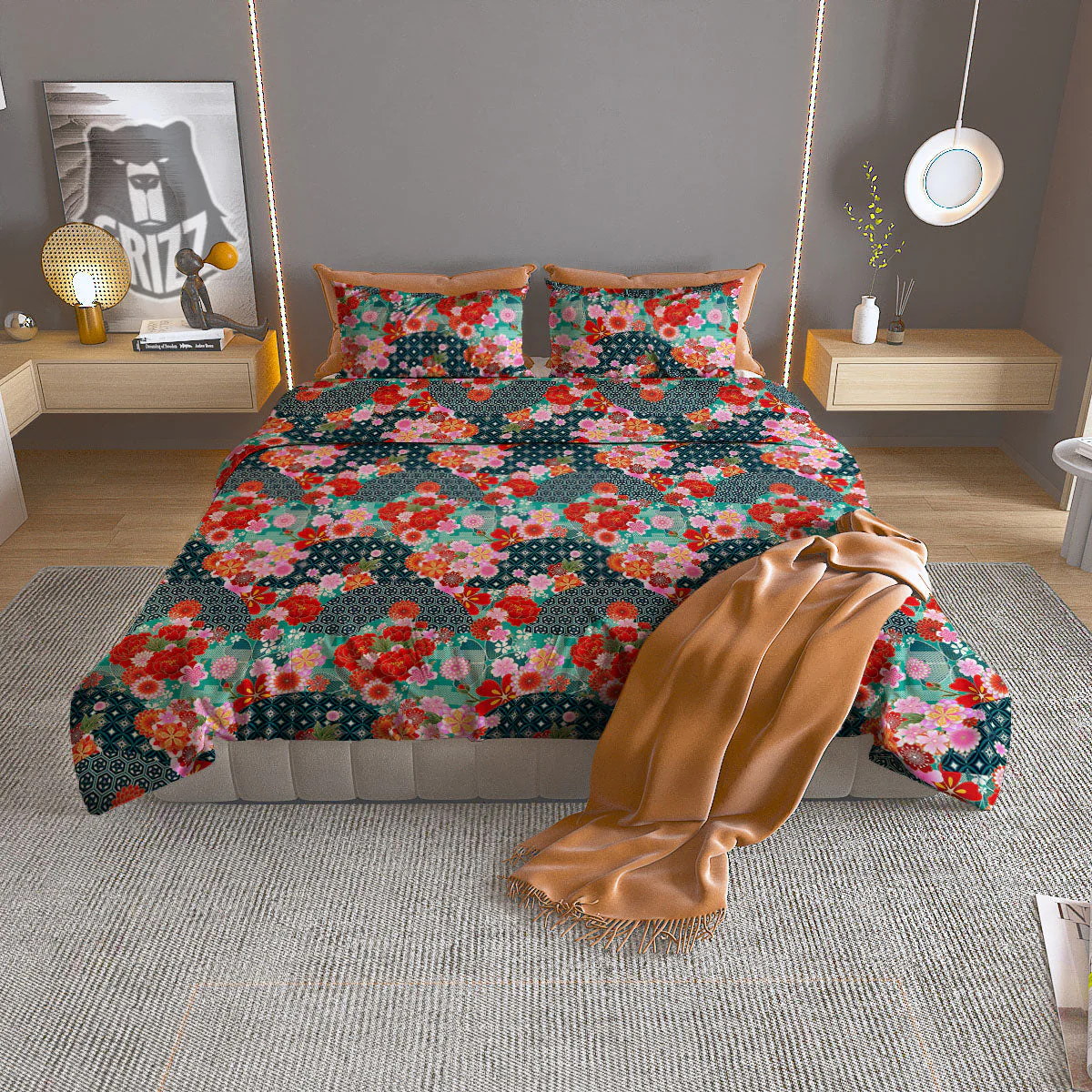 Japanese Flower Colorful Print Pattern Colorful Duvet Cover Bedding Set