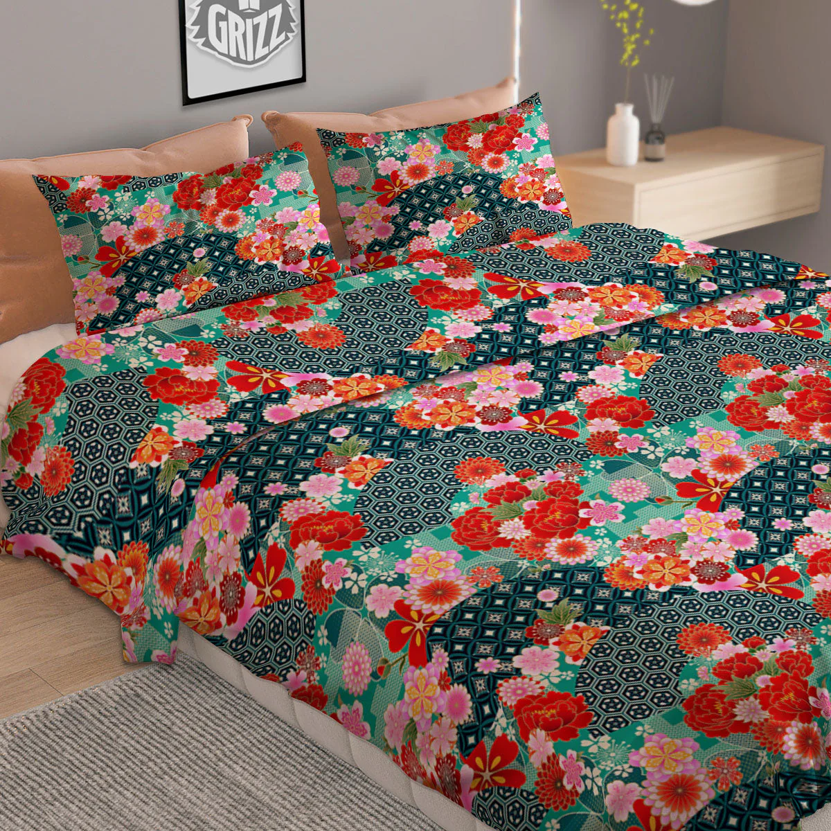 Japanese Flower Colorful Print Pattern Colorful Duvet Cover Bedding Set - Image 2