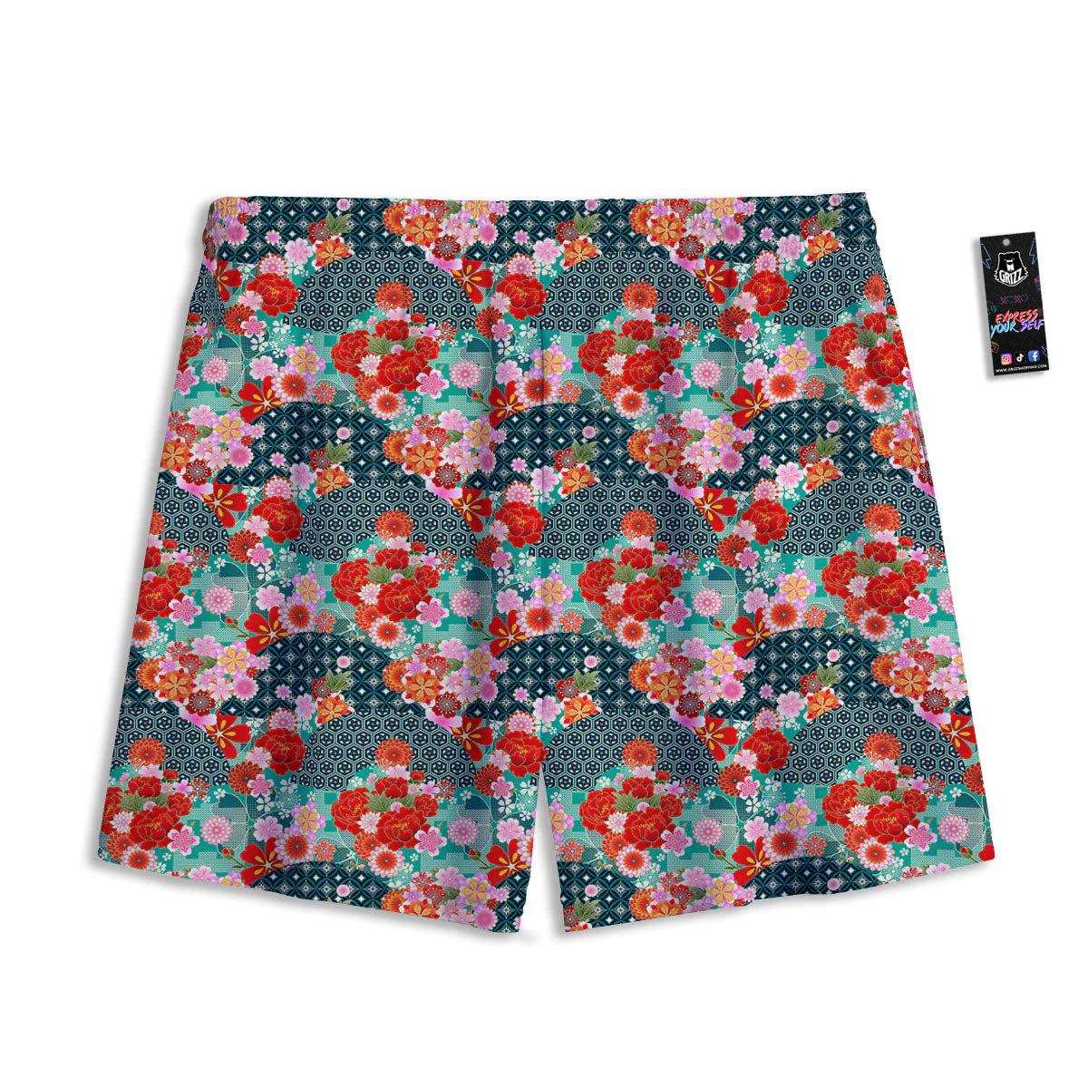 Japanese Flower Colorful Print Pattern Colorful Mesh Shorts - Image 2