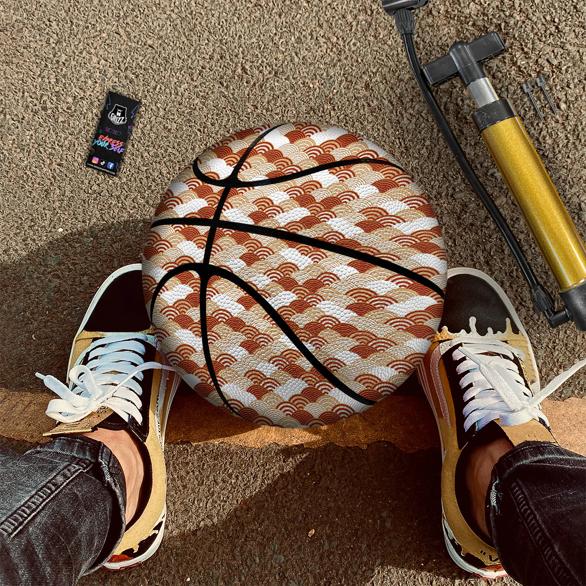 Japanese Red And Beige Print Pattern Basketball - Image 2