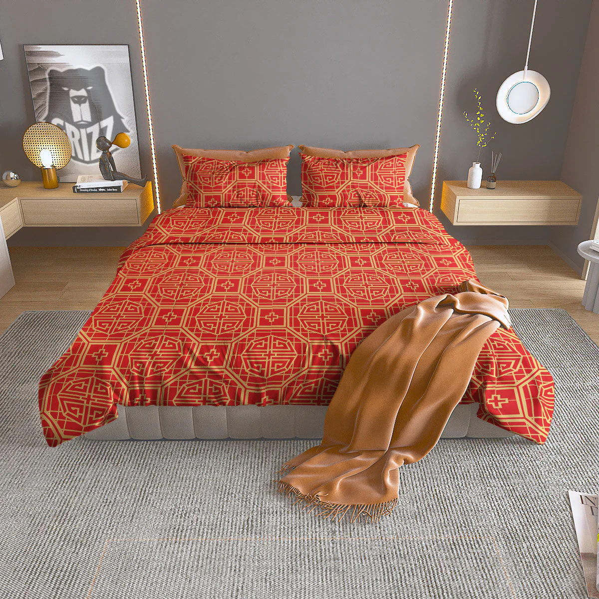 Japanese Red Geometric Print Pattern Duvet Cover Bedding Set