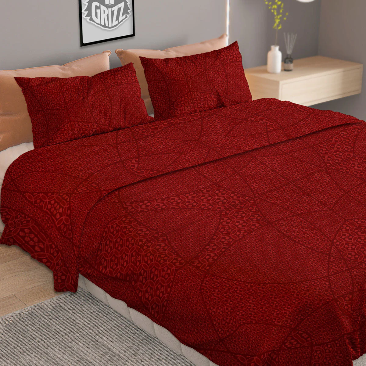 Japanese Red Print Pattern Duvet Cover Bedding Set - Image 2