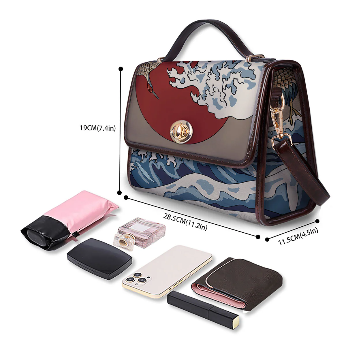 Japanese Wave Red Sun Print Women's Satchel Bag - Image 4