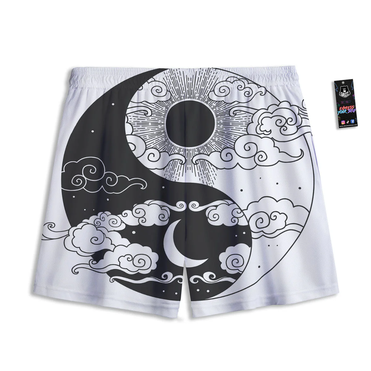 Japanese Yin Yang White And Black Print Mesh Shorts - Image 2