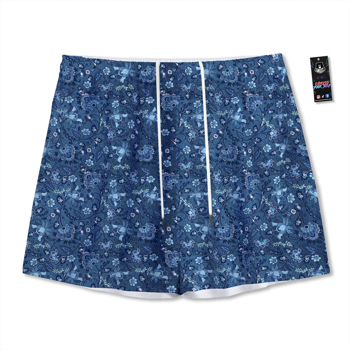 Jeans Floral Denim Print Pattern Mesh Shorts
