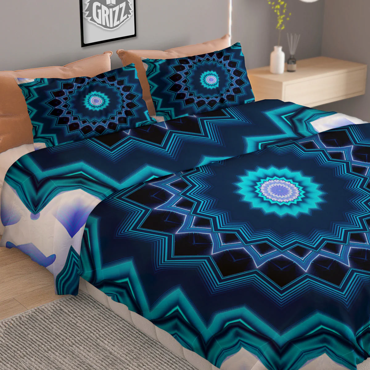 Kaleidoscope Blue Crystal Print Duvet Cover Bedding Set - Image 2