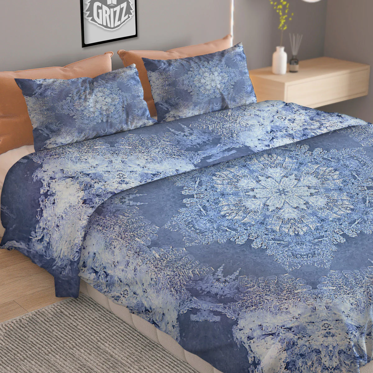 Kaleidoscope Blue Snowflake Print Duvet Cover Bedding Set - Image 2