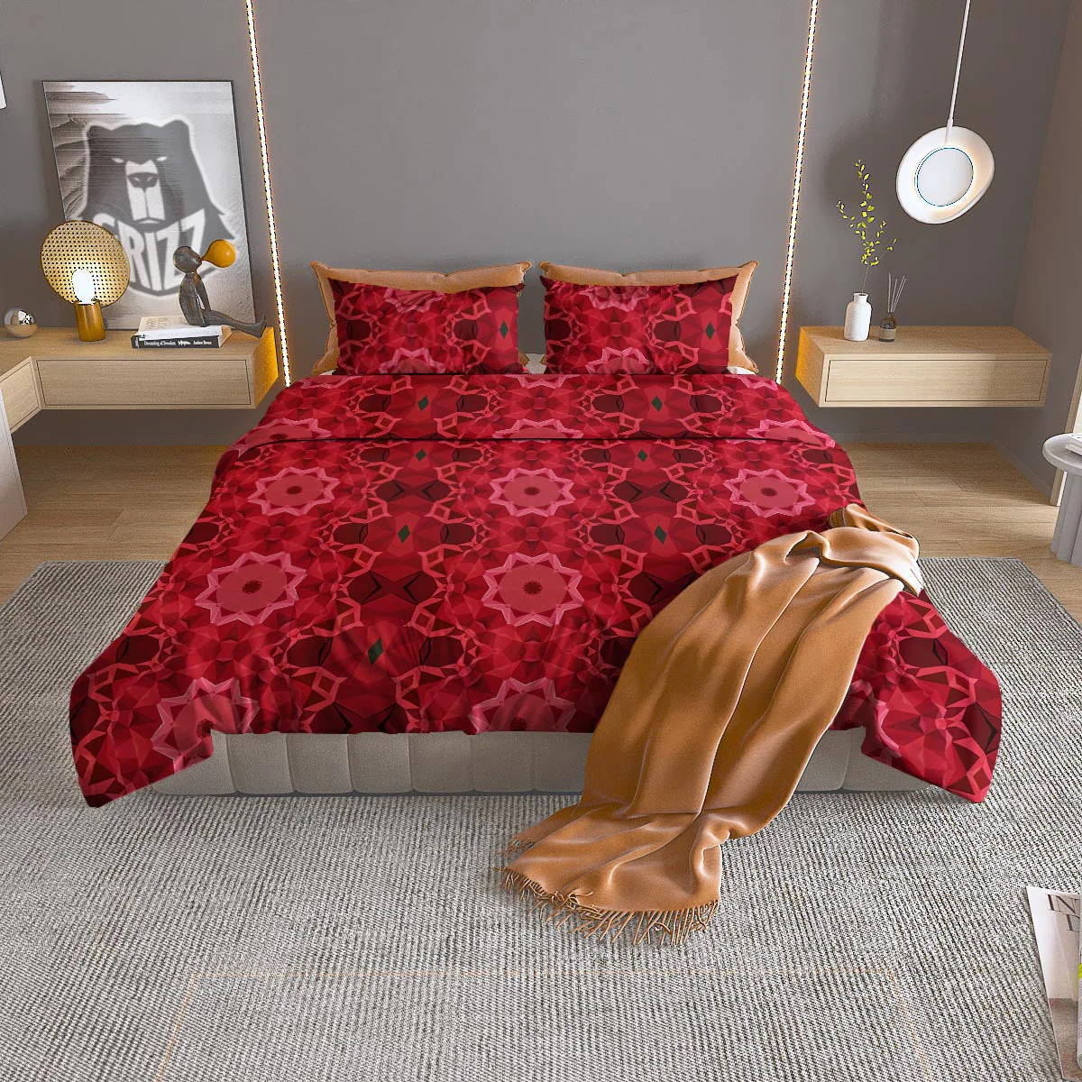 Kaleidoscope Red Print Pattern Duvet Cover Bedding Set