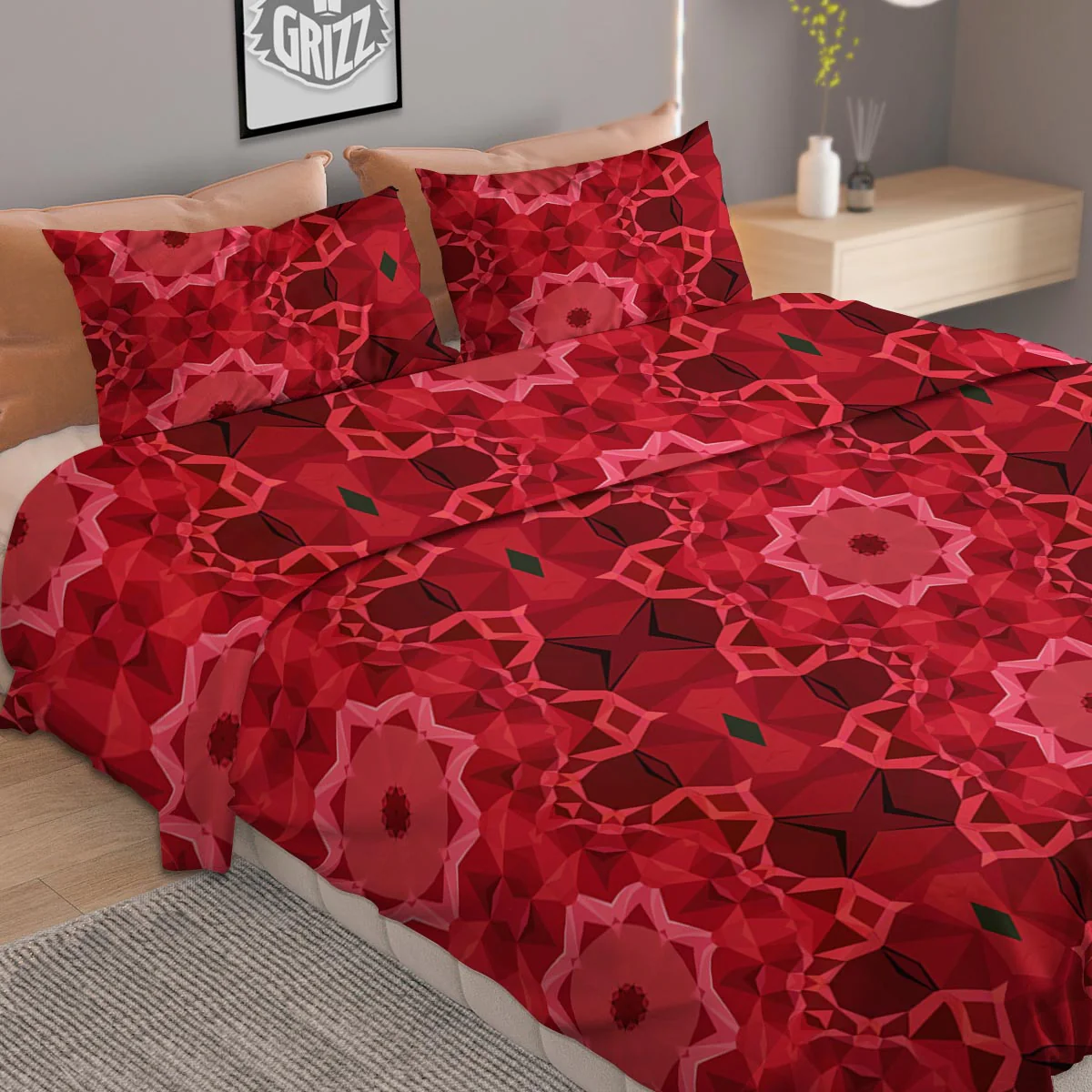 Kaleidoscope Red Print Pattern Duvet Cover Bedding Set - Image 2