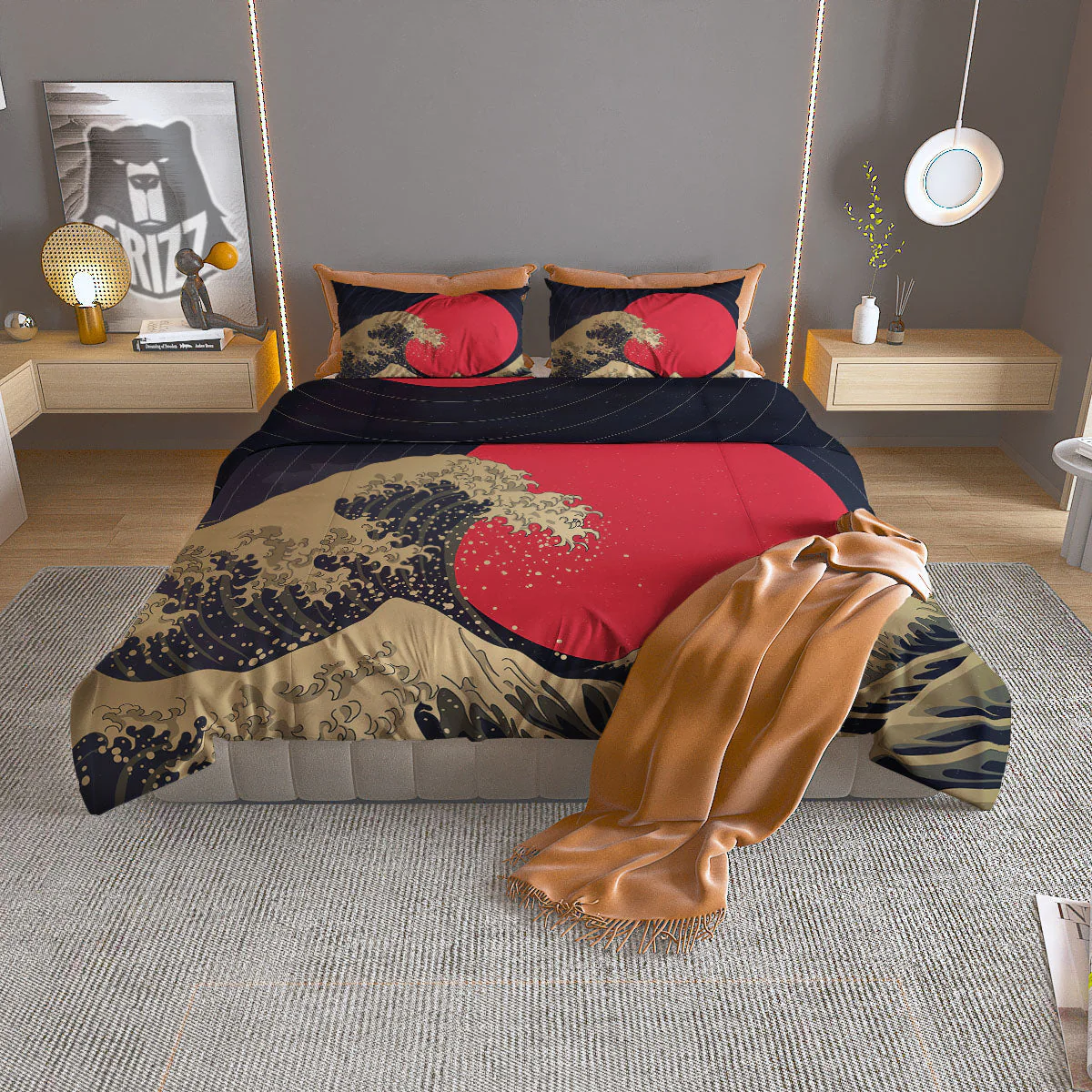 Kanagawa Wave Golden Print Duvet Cover Bedding Set