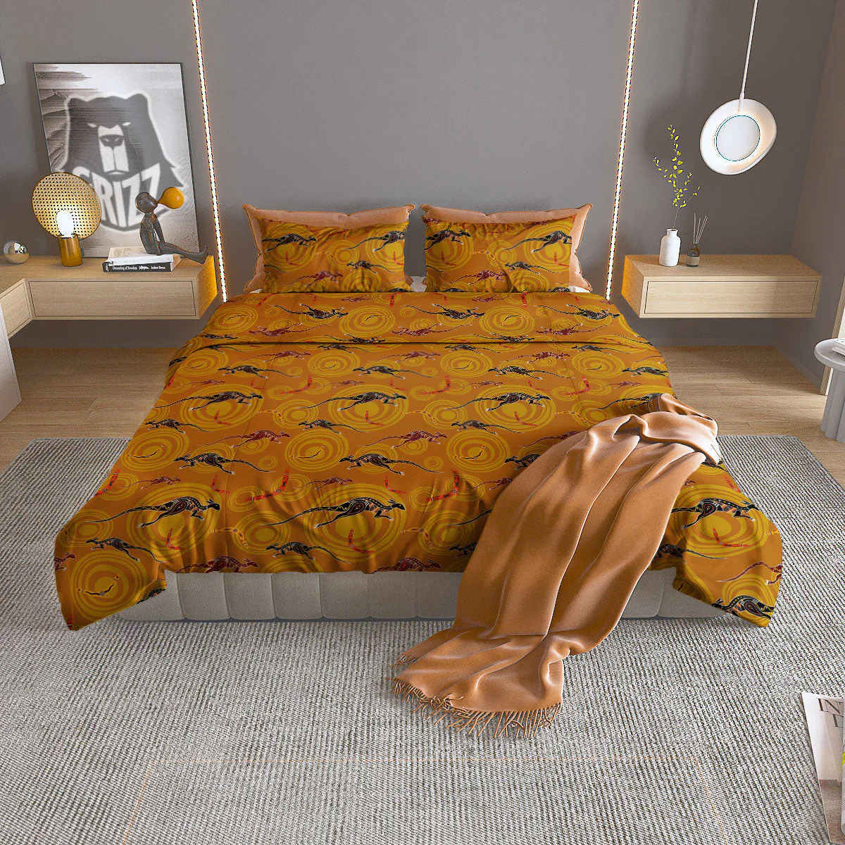 Kangaroo And Boomerang Aboriginal Print Duvet Cover Bedding Set