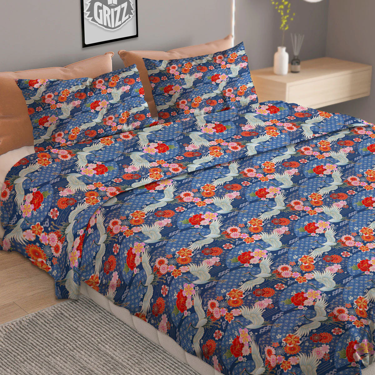 Kimono Bird Crane Print Pattern Duvet Cover Bedding Set - Image 2