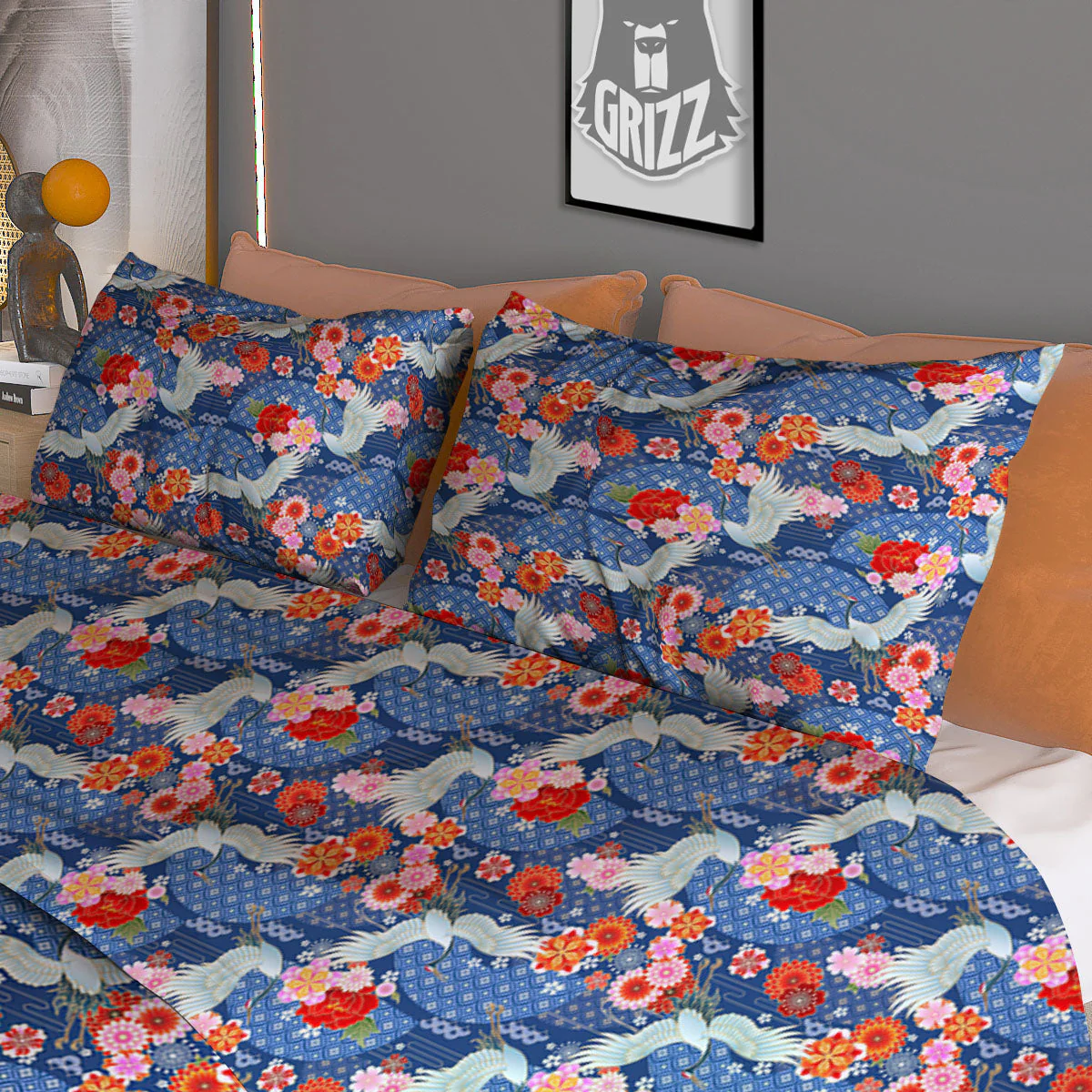 Kimono Bird Crane Print Pattern Duvet Cover Bedding Set - Image 3