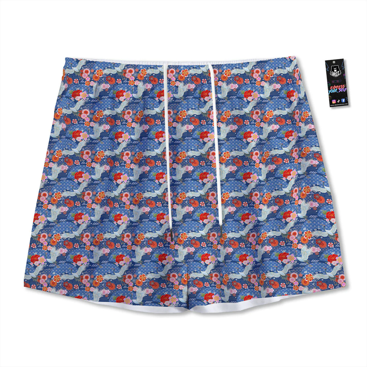 Kimono Bird Crane Print Pattern Mesh Shorts