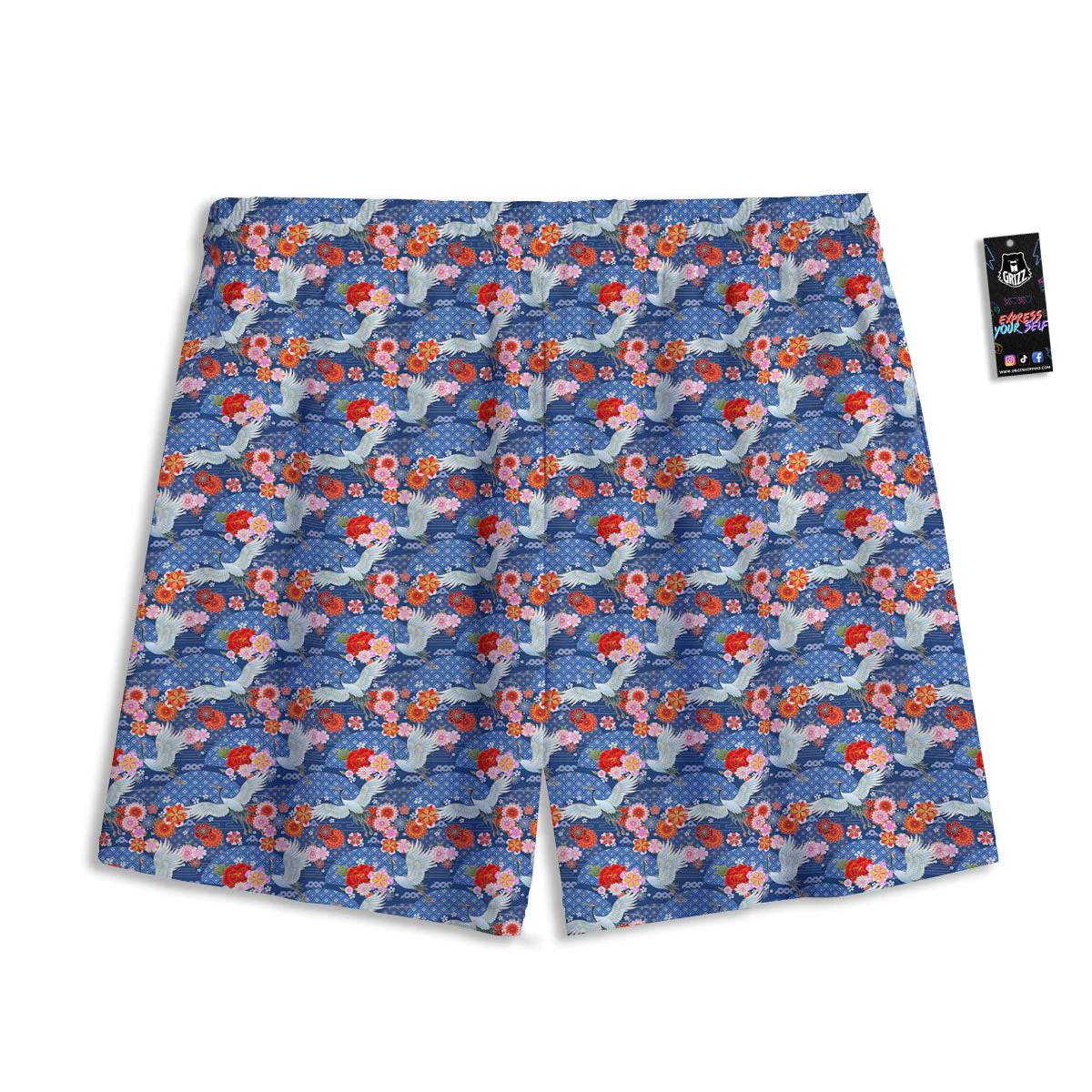 Kimono Bird Crane Print Pattern Mesh Shorts - Image 2