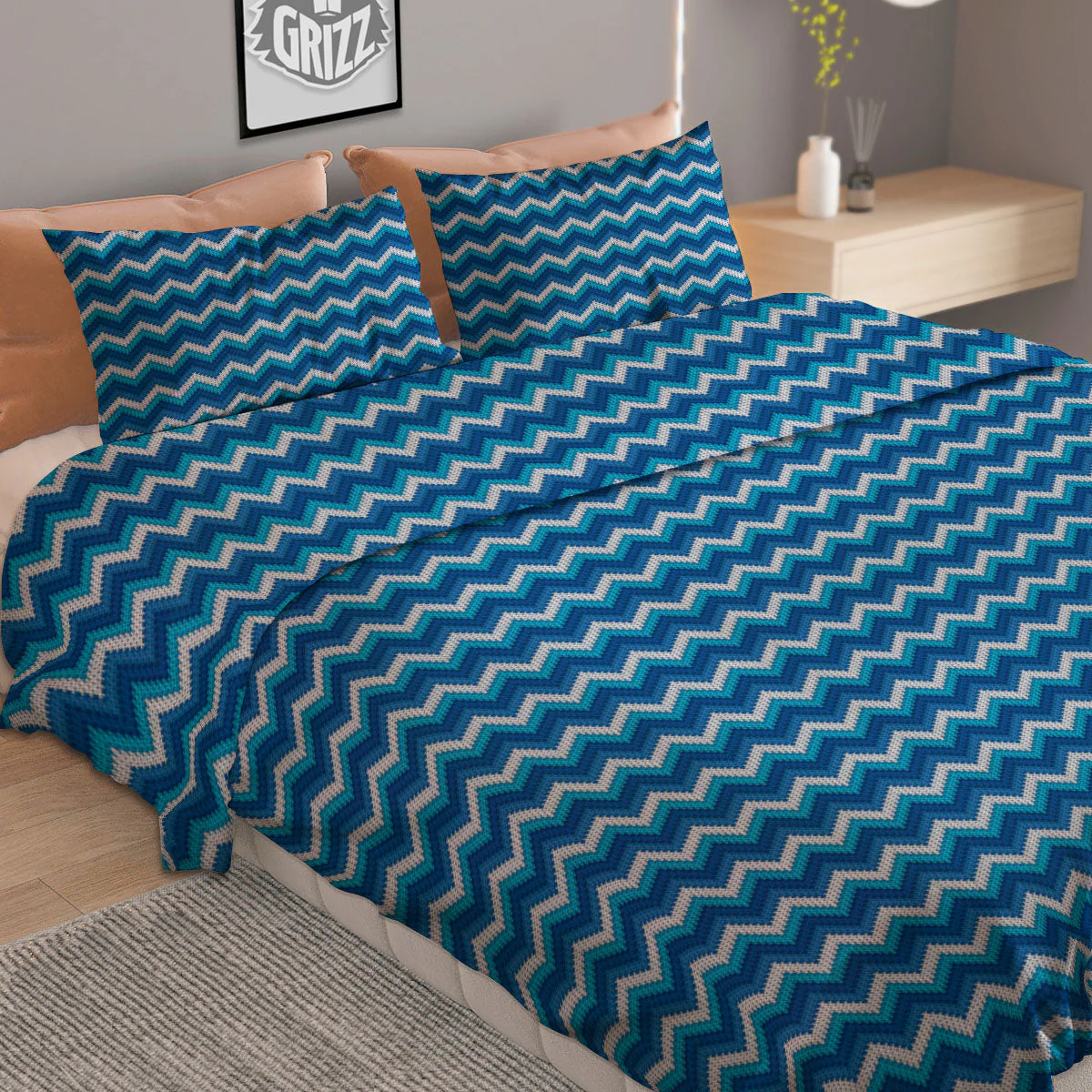 Knitted Blue Chevron Print Pattern Duvet Cover Bedding Set - Image 2