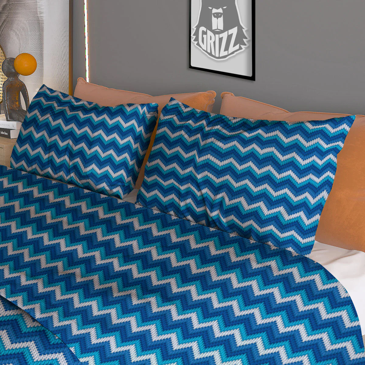 Knitted Blue Chevron Print Pattern Duvet Cover Bedding Set - Image 3