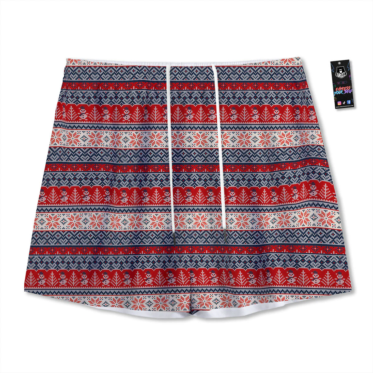 Knitted Christmas Snowman Print Pattern Mesh Shorts