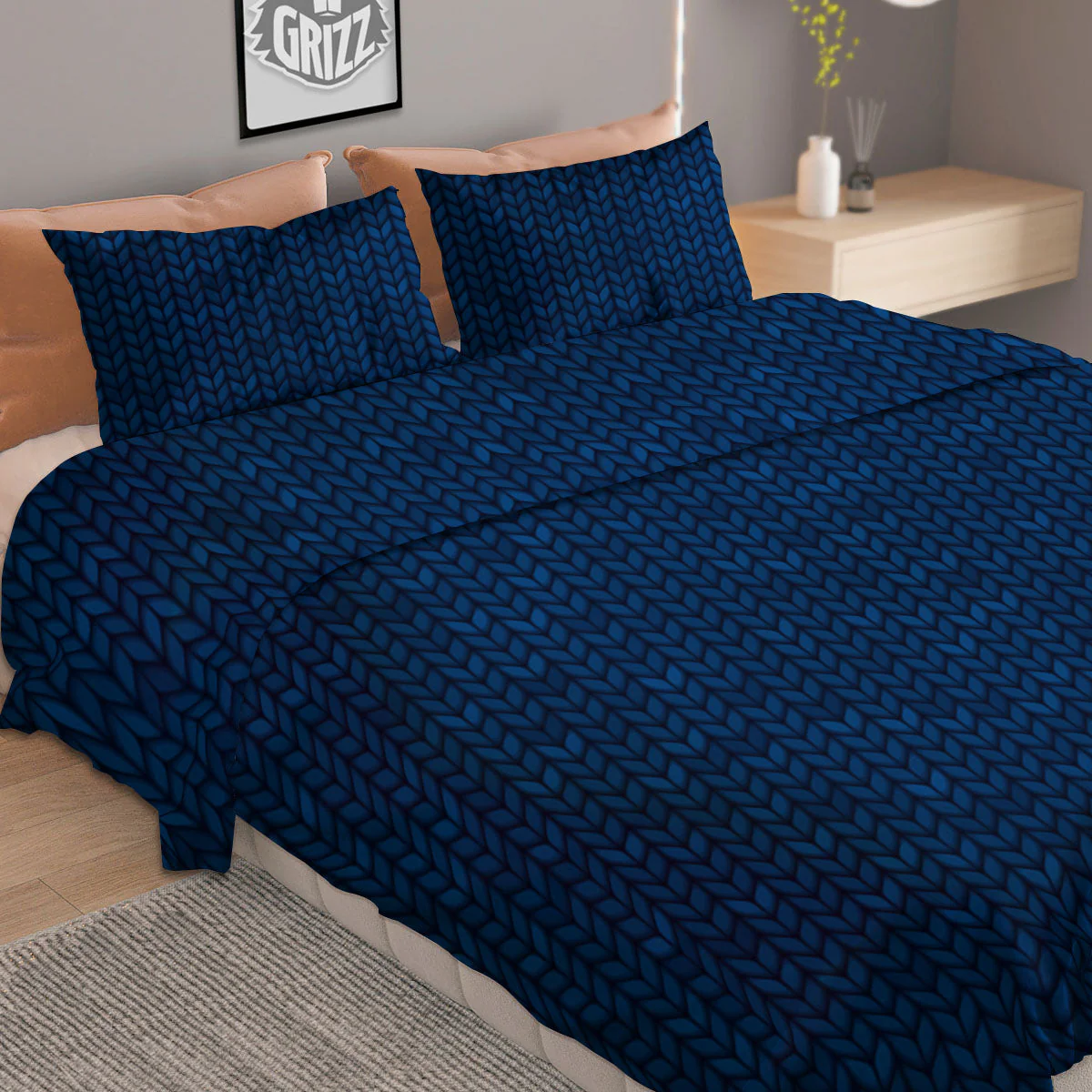 Knitted Deep Blue Print Pattern Duvet Cover Bedding Set - Image 2