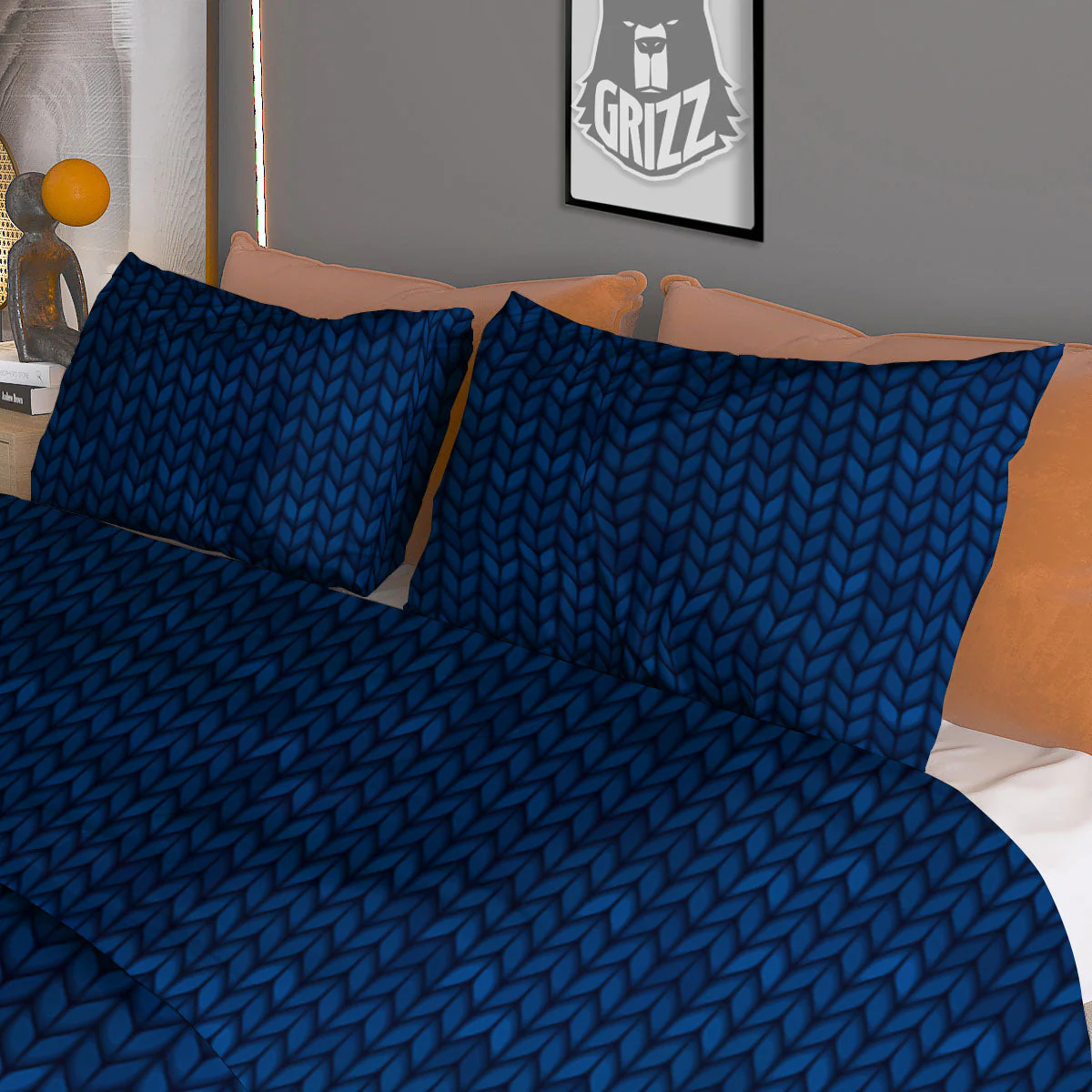Knitted Deep Blue Print Pattern Duvet Cover Bedding Set - Image 3