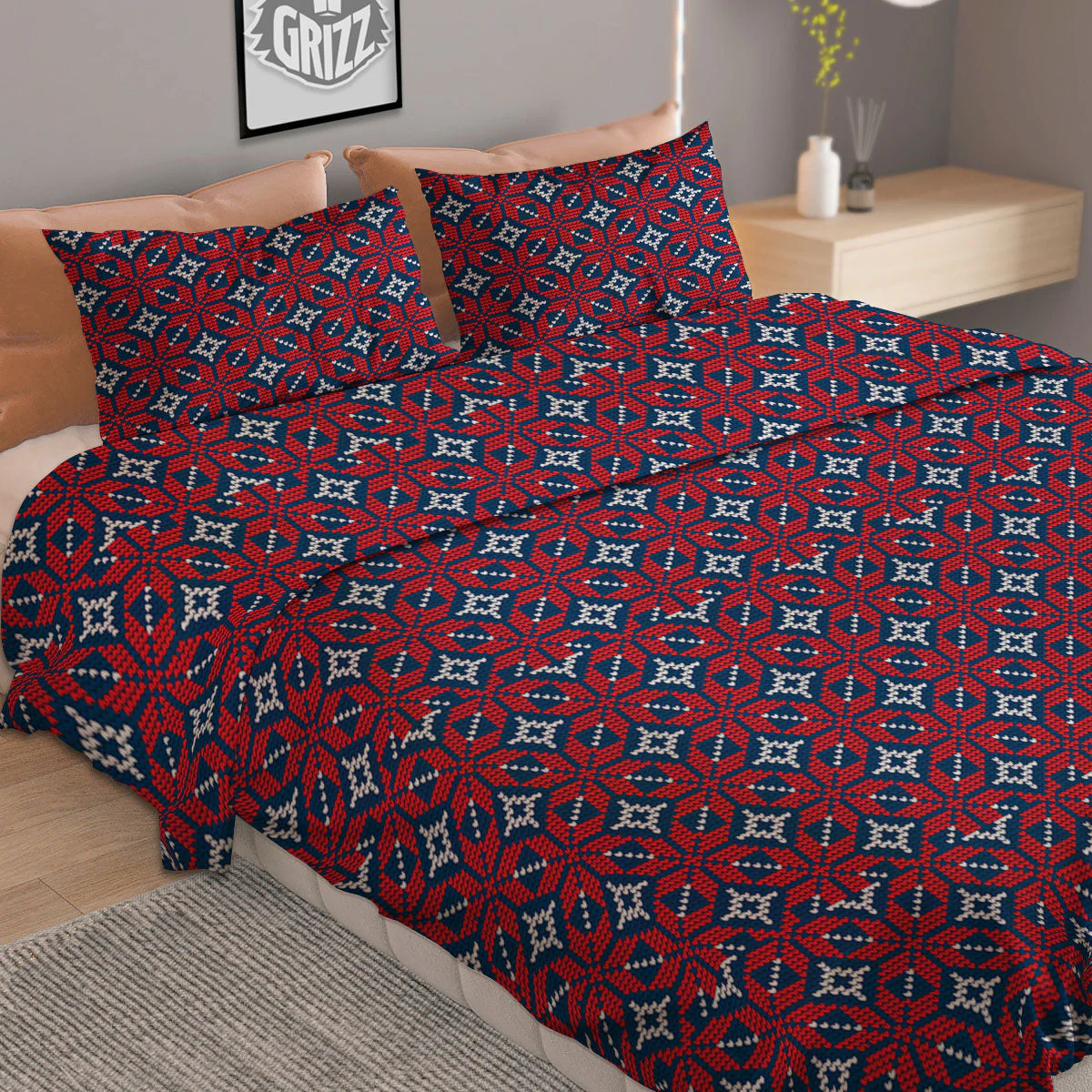 Knitted Flower Print Pattern Duvet Cover Bedding Set - Image 2