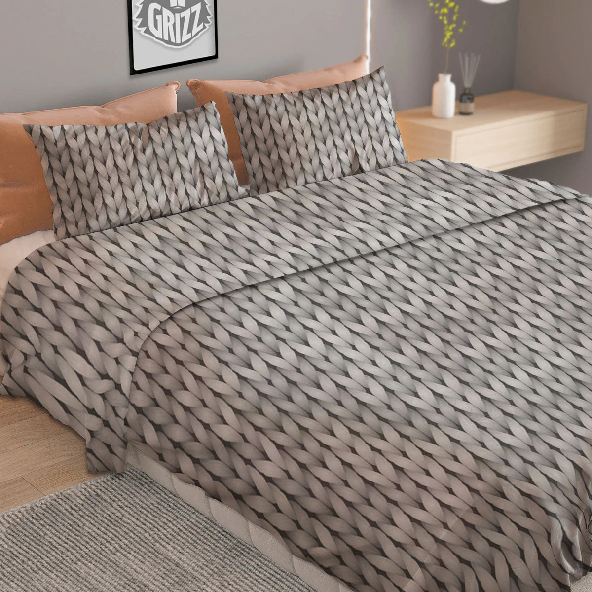 Knitted Grey Print Pattern Duvet Cover Bedding Set - Image 2