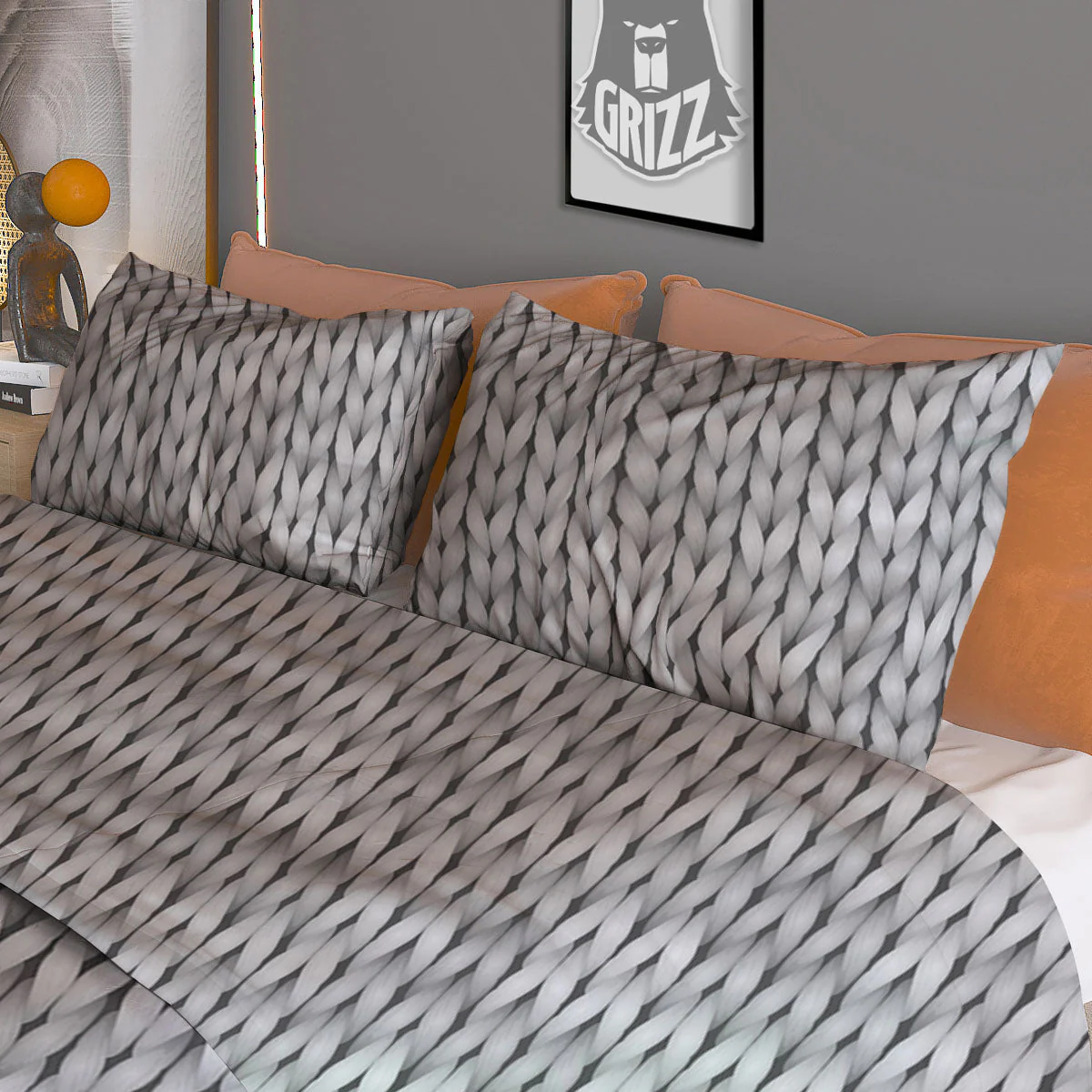 Knitted Grey Print Pattern Duvet Cover Bedding Set - Image 3