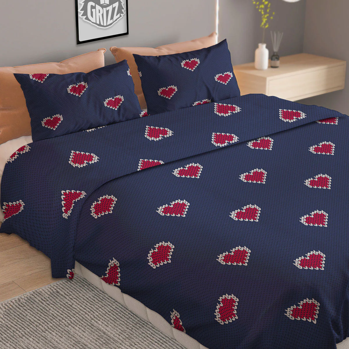 Knitted Heart Print Pattern Duvet Cover Bedding Set - Image 2