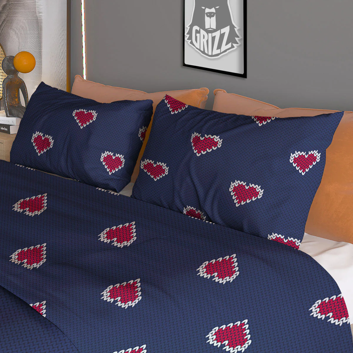 Knitted Heart Print Pattern Duvet Cover Bedding Set - Image 3