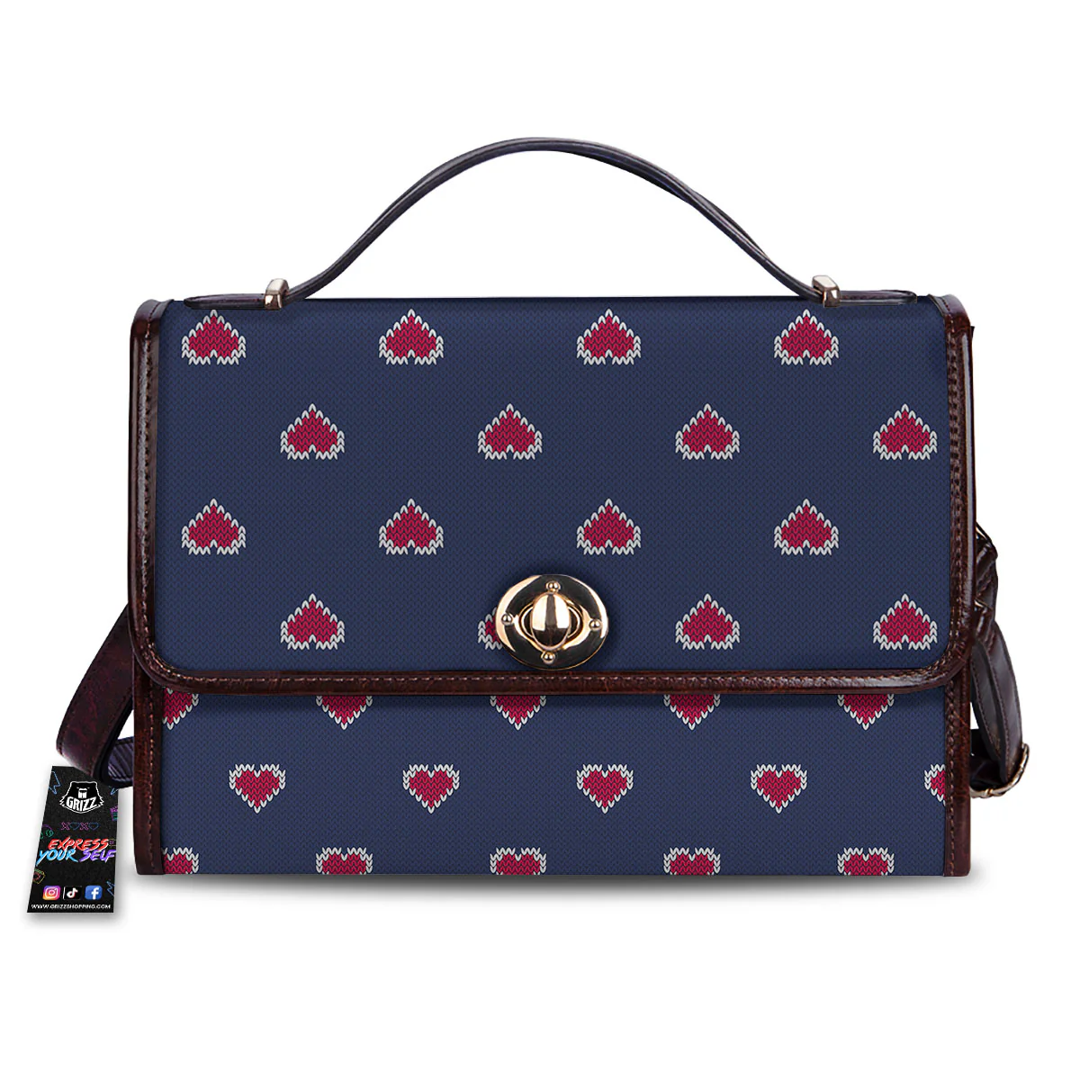 Knitted Heart Print Pattern Women's Satchel Bag
