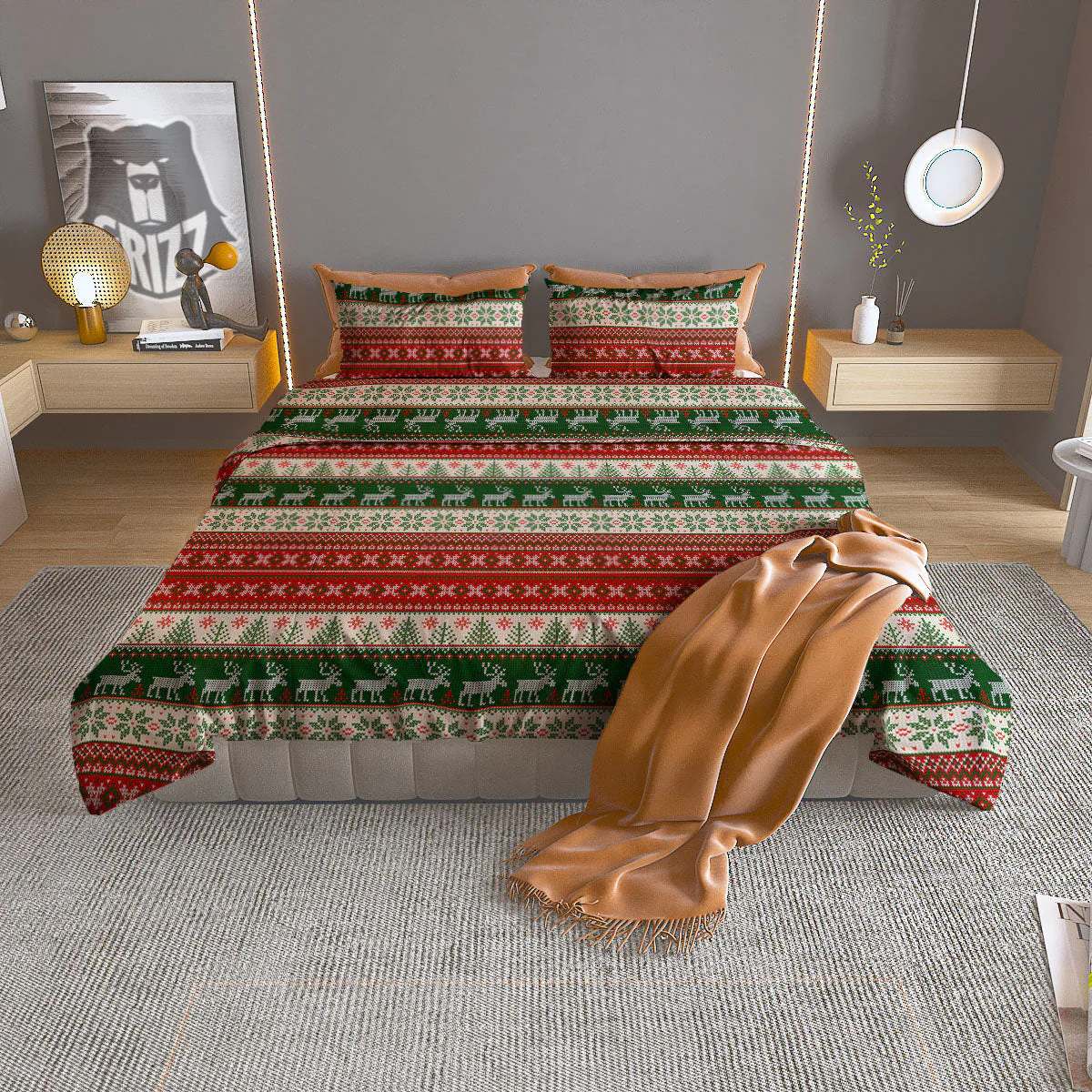 Knitted Merry Christmas Print Pattern Duvet Cover Bedding Set