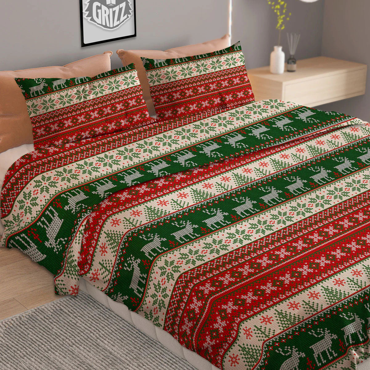 Knitted Merry Christmas Print Pattern Duvet Cover Bedding Set - Image 2