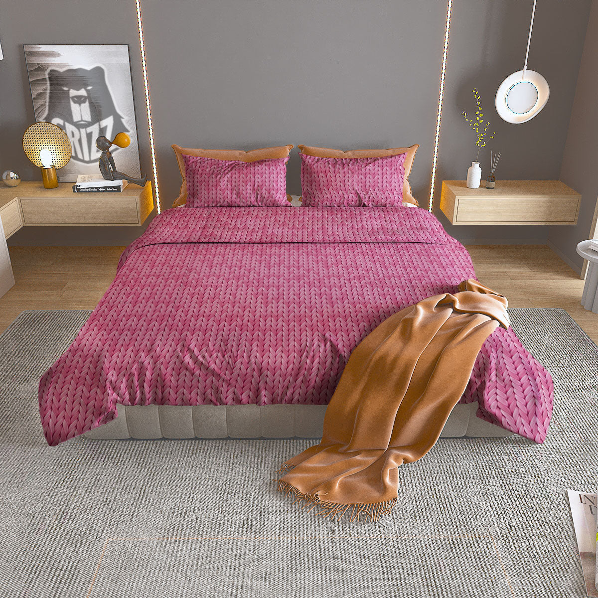 Knitted Pink Print Pattern Duvet Cover Bedding Set