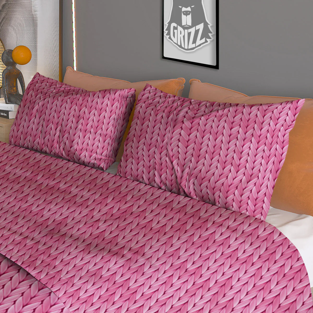 Knitted Pink Print Pattern Duvet Cover Bedding Set - Image 3
