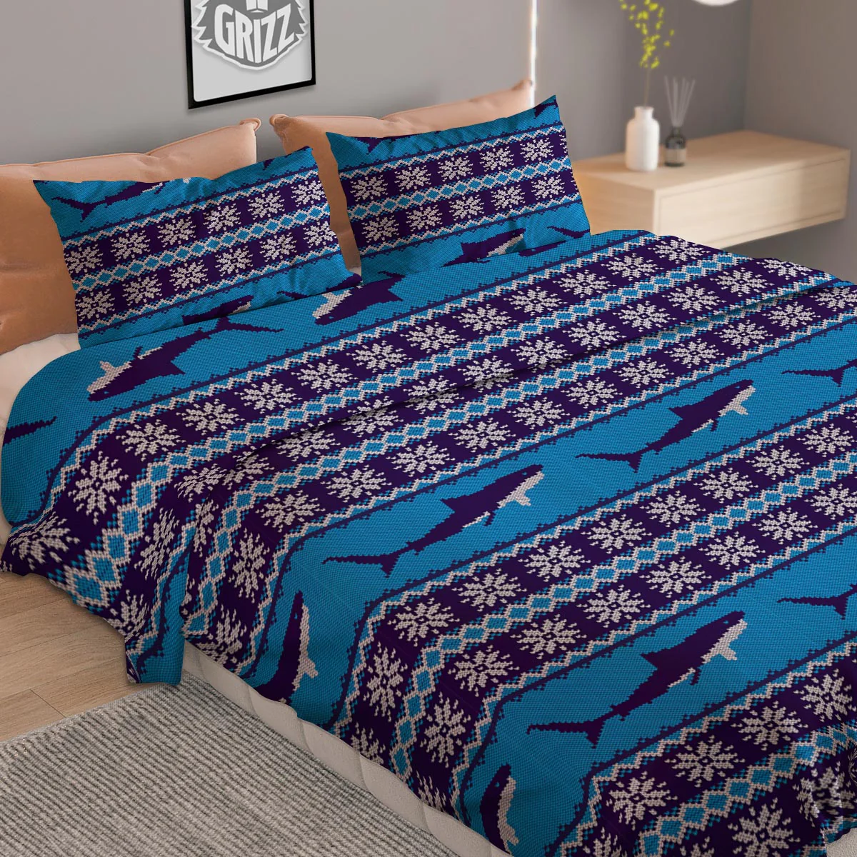 Knitted Shark Print Pattern Duvet Cover Bedding Set - Image 2