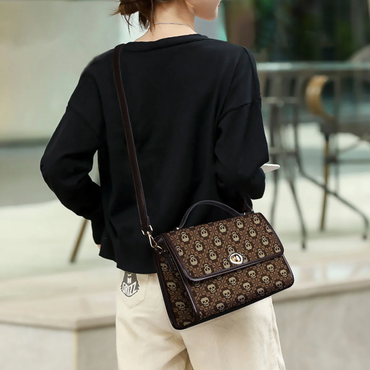 Knitted Skull Print Pattern Women's Satchel Bag - Image 3