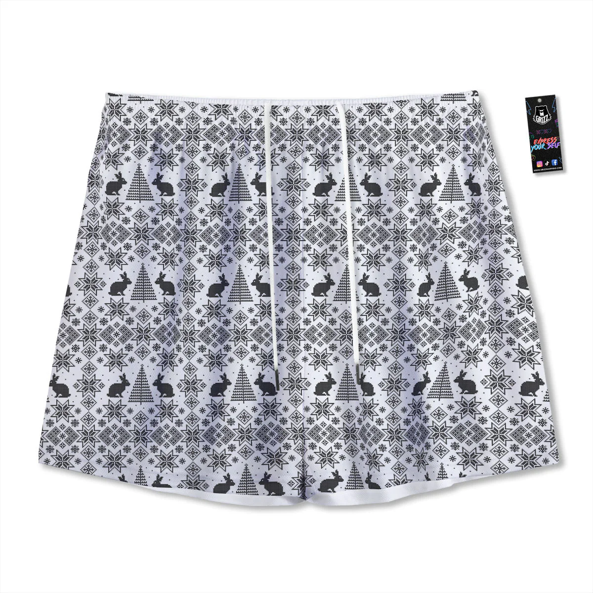 Knitted Snow Rabbit Print Pattern Mesh Shorts