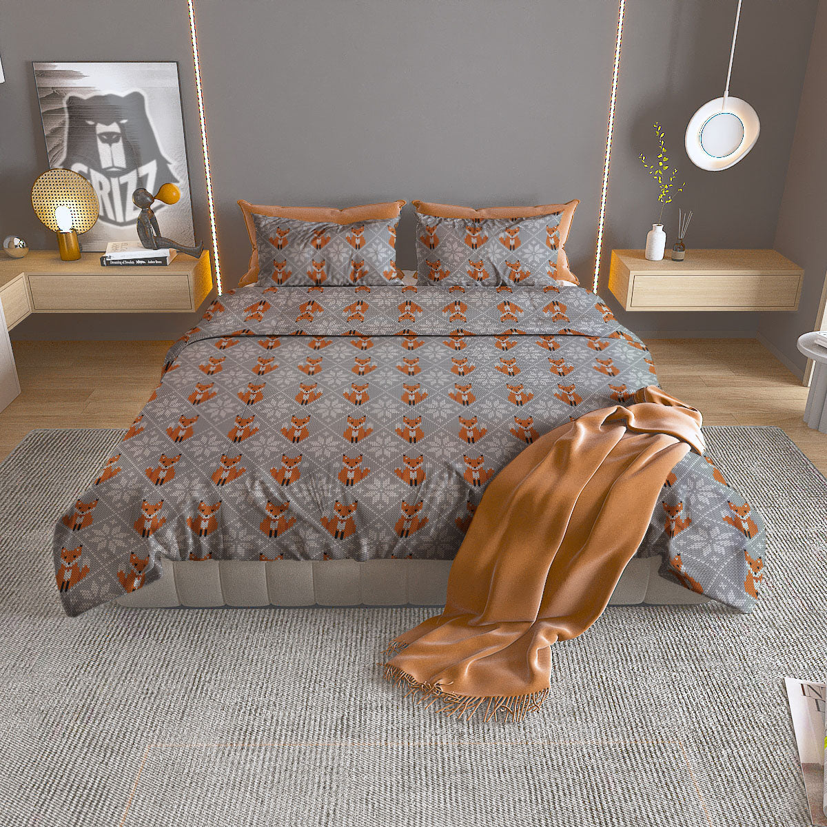 Knitted Snowy Fox Print Pattern Duvet Cover Bedding Set