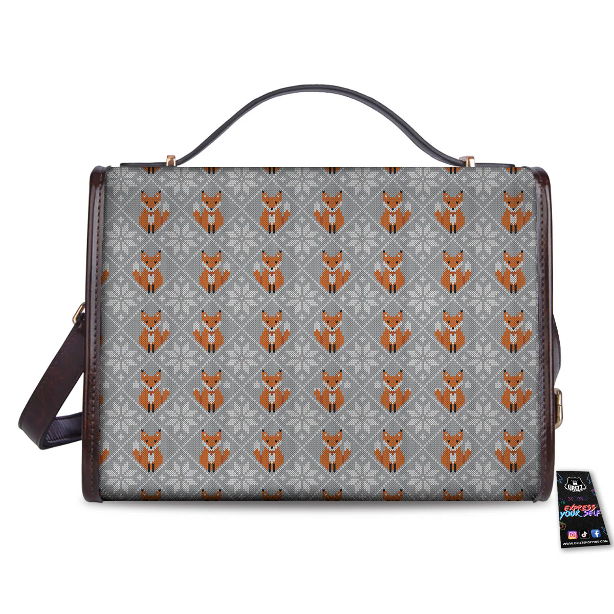 Knitted Snowy Fox Print Pattern Women's Satchel Bag - Image 2