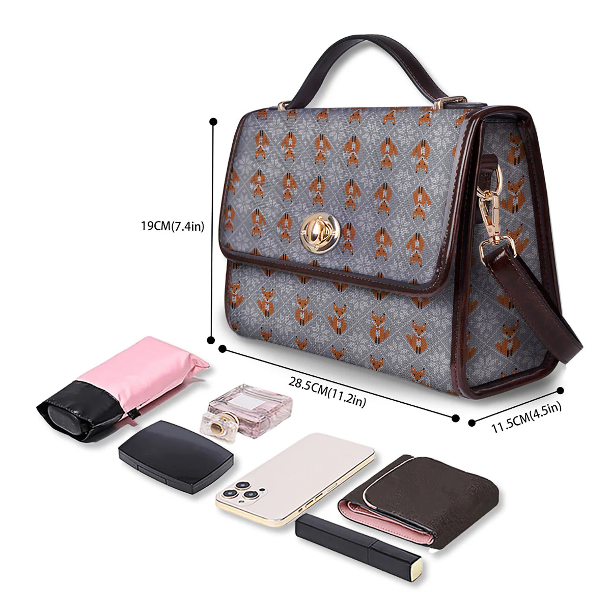 Knitted Snowy Fox Print Pattern Women's Satchel Bag - Image 4