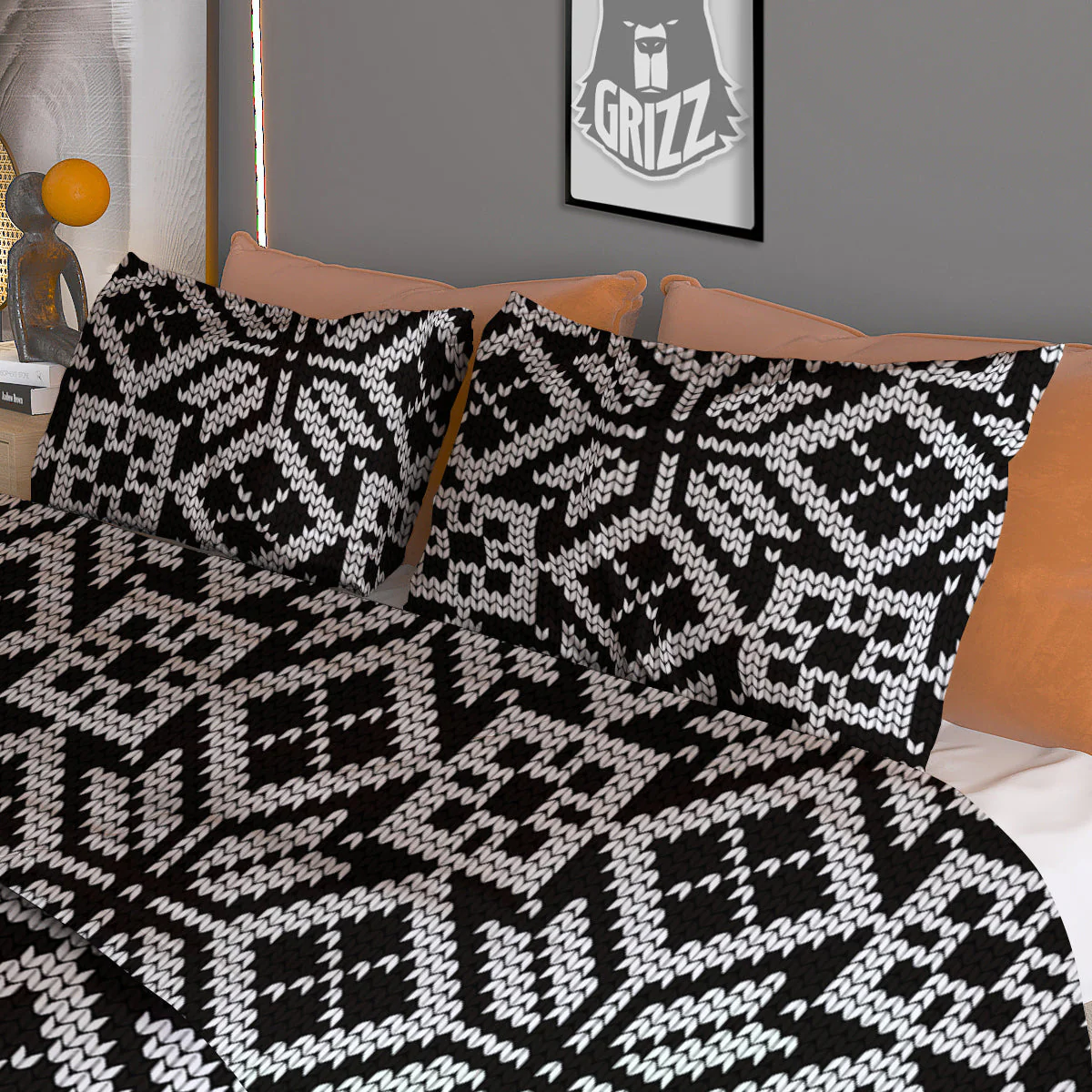 Knitted White And Black Print Pattern Duvet Cover Bedding Set - Image 3