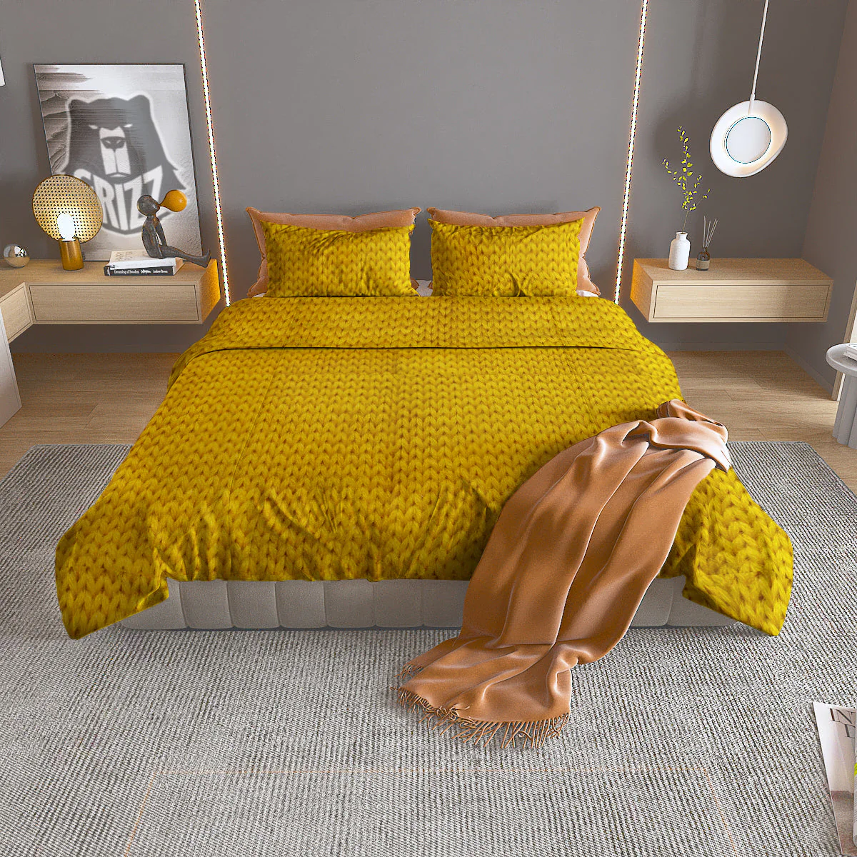 Knitted Yellow Print Pattern Duvet Cover Bedding Set